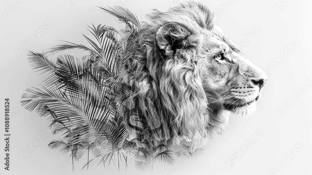 Lion in palm leaves, abstract black and white graphic background image of an animal