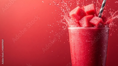 45-degree topview Isolated on background a cool watermelon smoothie splashing dramatically with watermelon chunks on a refreshing red background with side empty space for text Stockphoto style photo