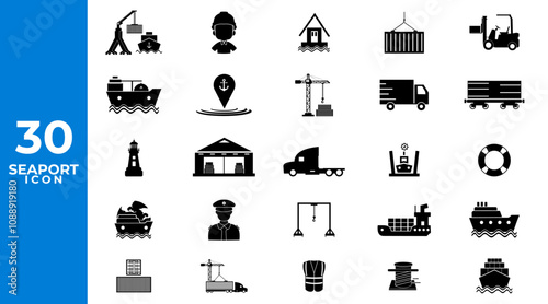 Set of 30 icons related to marine port. Seaport Linear icon collection