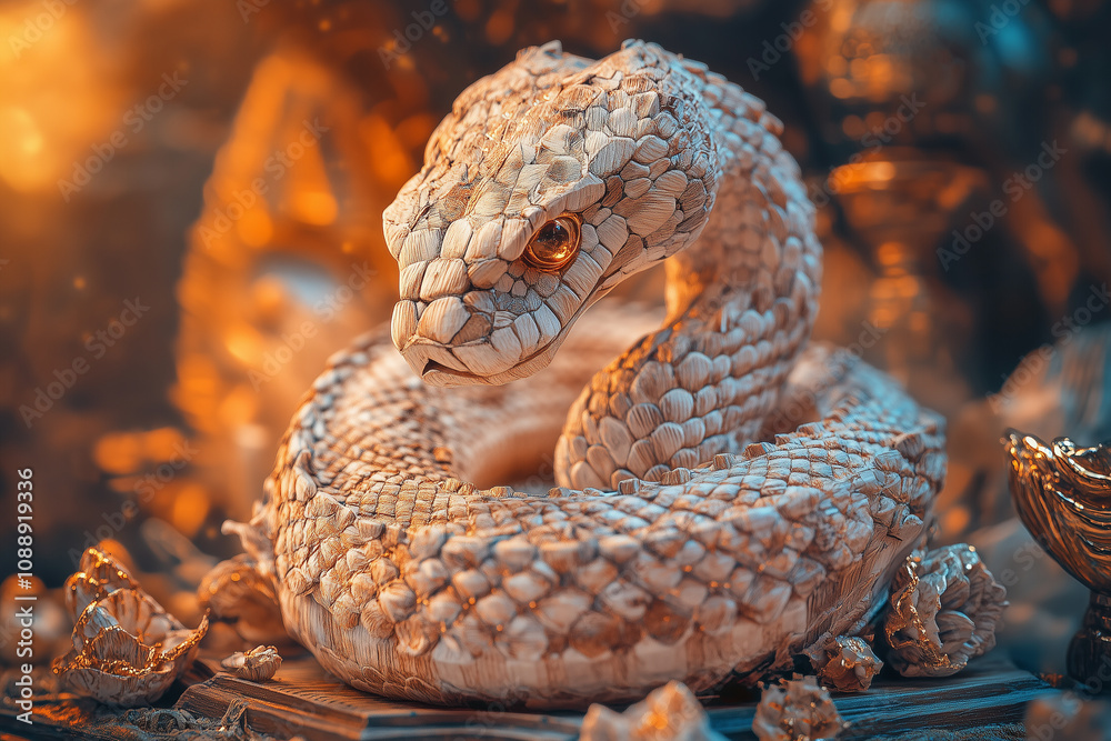 Obraz premium Intricately Handcrafted White Wooden Snake Figurine