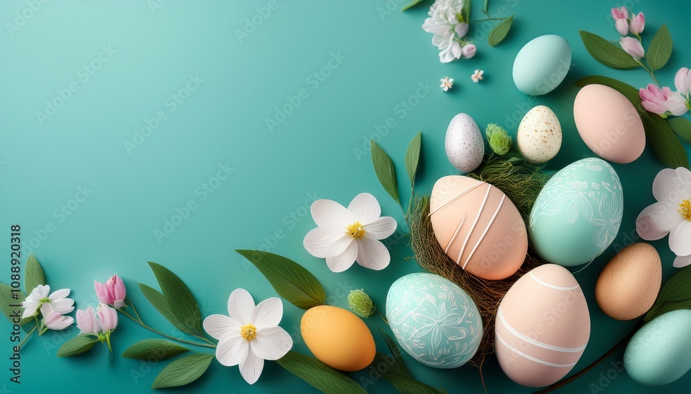 holiday easter background with eggs and flowers with copy space holiday easter background with eggs and flowers with copy space
