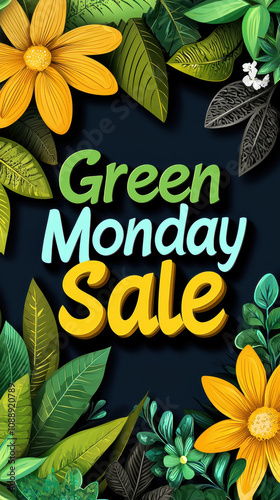 Green Monday Sale with vibrant flowers and leaves in bold design