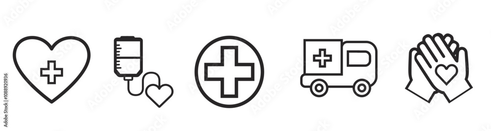 set of thin line icons representing health insurance coverage, featuring symbols for medical care and protection. Editable vector strokes on a transparent background. Vector illustration. set of thin line icons representing health insurance coverage, featuring symbols for medical care and protection. Editable vector strokes on a transparent background. Vector illustration.