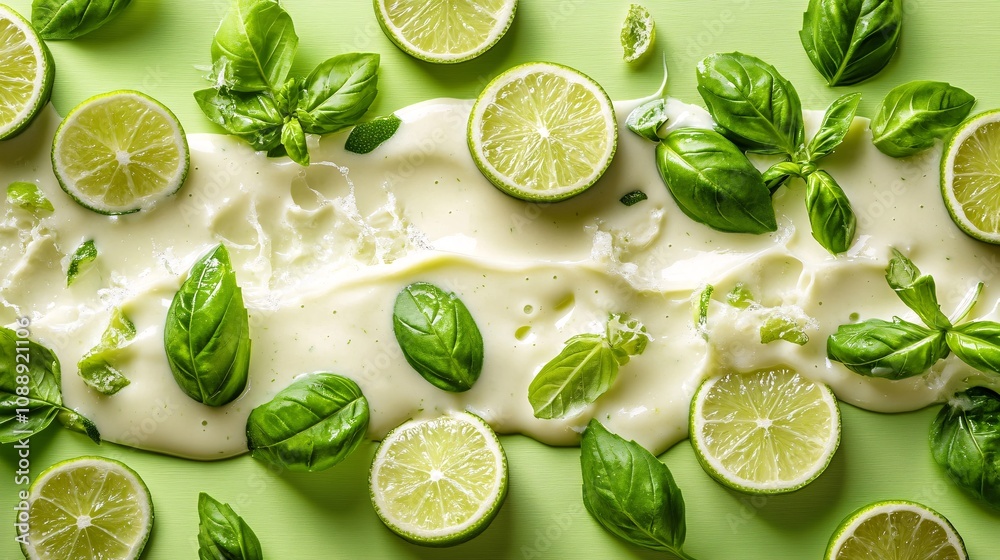 45-degree topview Isolated on background a refreshing basil and lime smoothie splashing gently with basil leaves and lime slices on a fresh green background with side empty space for text Stockphoto 45-degree topview Isolated on background a refreshing basil and lime smoothie splashing gently with basil leaves and lime slices on a fresh green background with side empty space for text Stockphoto