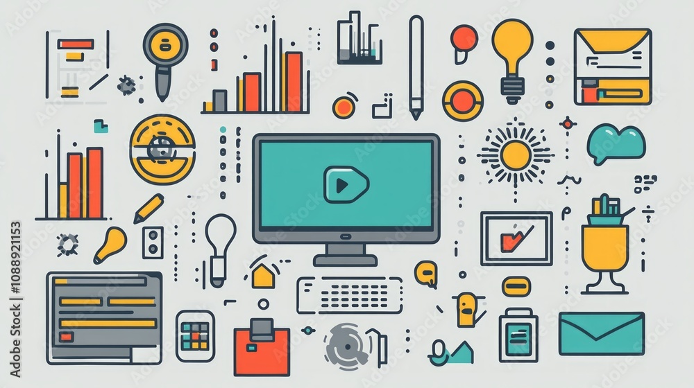 Flat design illustration of online business, marketing, and digital strategy concepts with various icons. Flat design illustration of online business, marketing, and digital strategy concepts with various icons.