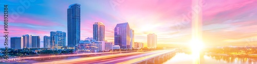 A vibrant cityscape of Florida at dusk, showcasing the iconic landmark with high-rise buildings . The sky is painted with hues of blue and purple as the sun sets behind them photo