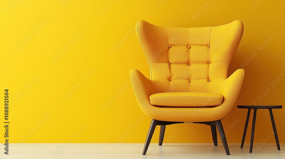 Obraz premium A bright yellow armchair against a matching wall, creating a vibrant and inviting space.