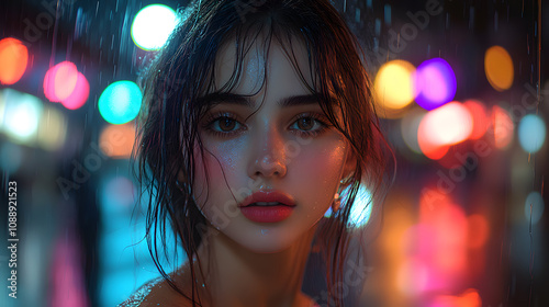 A creative photography of a model with edgy, modern attire, posing under neon lights in a bustling urban setting, with vibrant colors reflecting off rain-slicked streets.