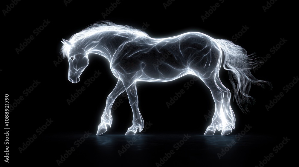 A glowing, ethereal representation of a horse against a black background.