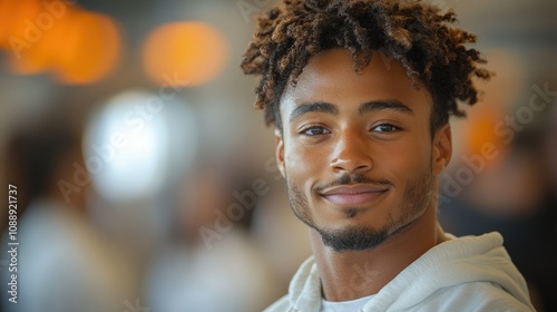 Portrait of a smiling young man with dreadlocks, wearing a white hoodie.