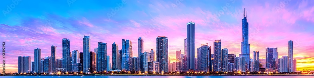 A vibrant cityscape of Florida at dusk, showcasing the iconic landmark with high-rise buildings . The sky is painted with hues of blue and purple as the sun sets behind them, casting long shadows on A vibrant cityscape of Florida at dusk, showcasing the iconic landmark with high-rise buildings . The sky is painted with hues of blue and purple as the sun sets behind them, casting long shadows on
