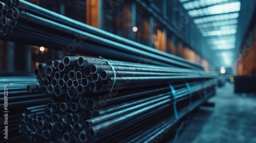 Stack of Steel Pipes in a Factory Setting