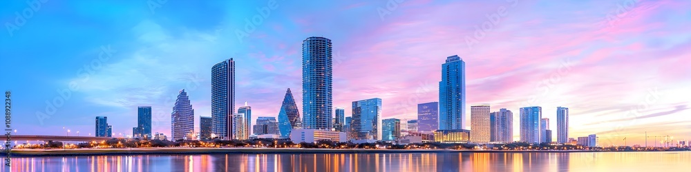 Obraz premium A vibrant cityscape of Texas at dusk, showcasing the iconic landmark with high-rise buildings . The sky is painted with hues of blue and purple as the sun sets behind them, casting long shadows on