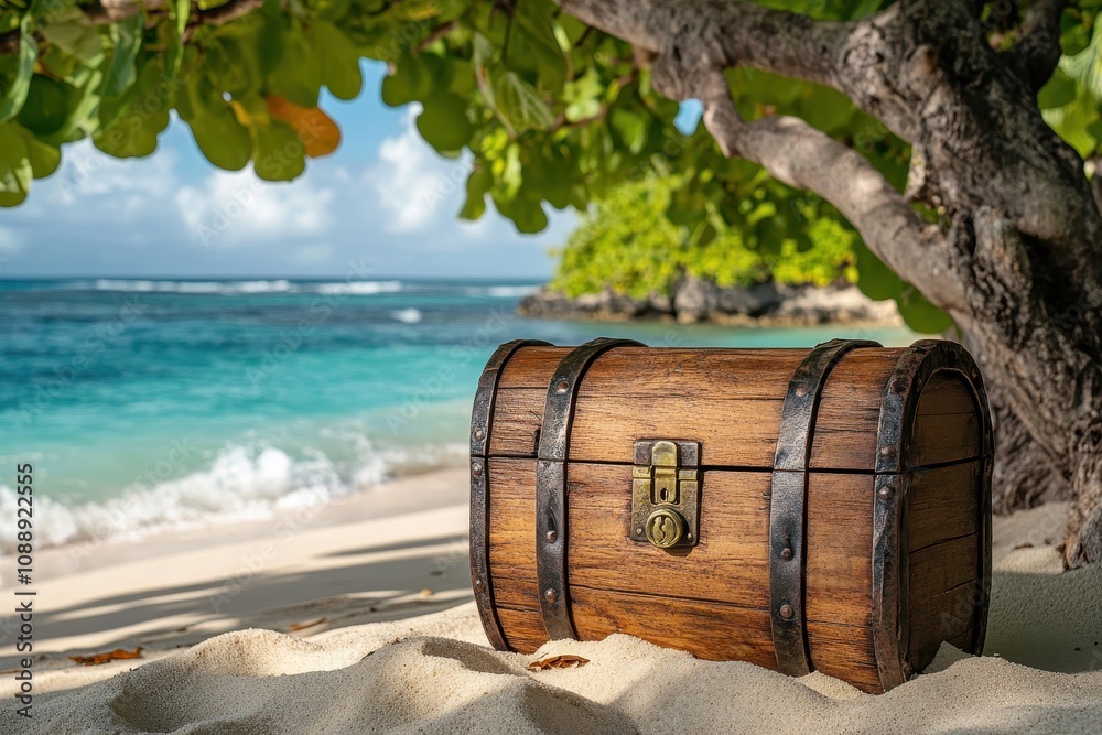 Fototapeta premium Wooden chest on a tropical beach. Perfect for travel, adventure, or treasure themes.