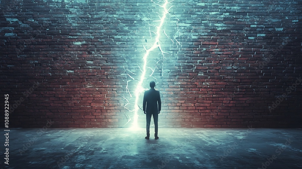 Businessperson Facing Formidable Brick Wall Obstacle with Glowing Cracks Strategic Breakthrough Concept Businessperson Facing Formidable Brick Wall Obstacle with Glowing Cracks Strategic Breakthrough Concept