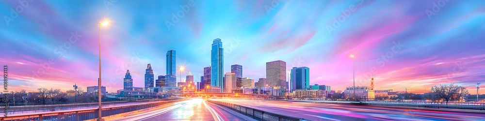 A vibrant cityscape of Texas at dusk, showcasing the iconic landmark with high-rise buildings . The sky is painted with hues of blue and purple as the sun sets behind them, casting long shadows on A vibrant cityscape of Texas at dusk, showcasing the iconic landmark with high-rise buildings . The sky is painted with hues of blue and purple as the sun sets behind them, casting long shadows on