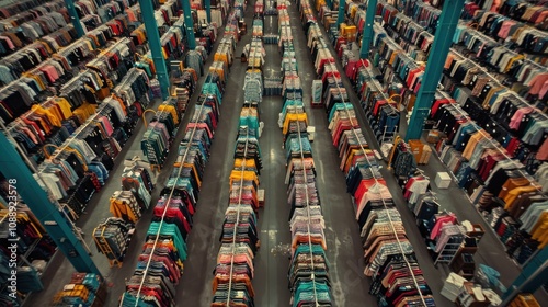 An aerial view of a warehouse stocked with clothing on racks.