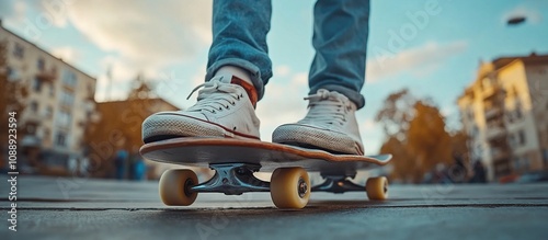 A close-up of a skateboard with a person?s feet, showcasing leisure and urban lifestyle.