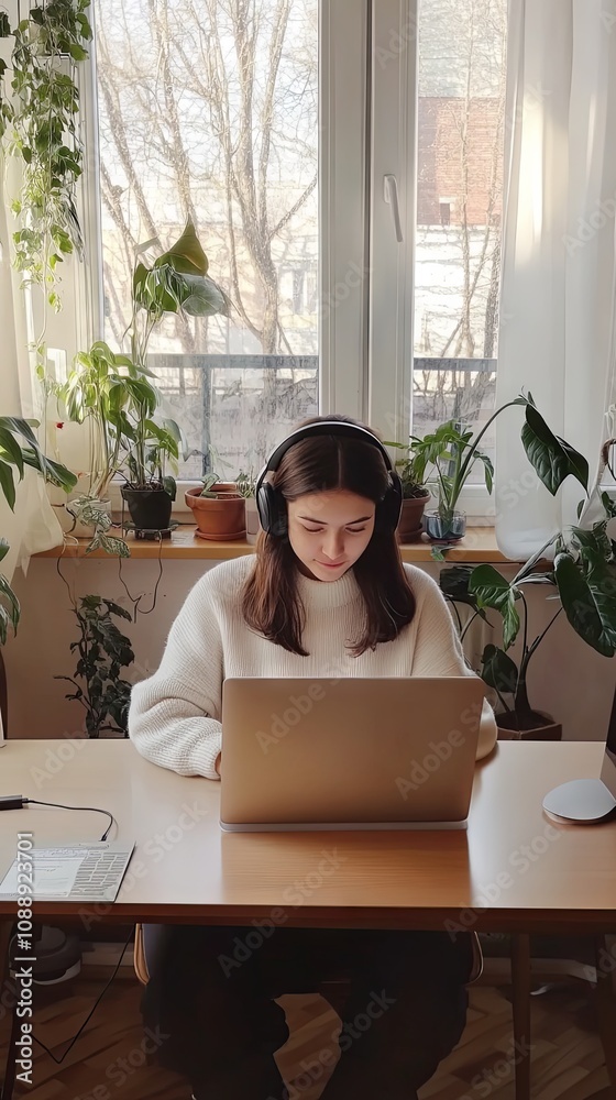 © Valeriia - Woman Working on Laptop at Home Office Desk with Plants