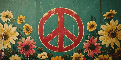 A vintage poster with a large peace sign in the center, surrounded by flowers