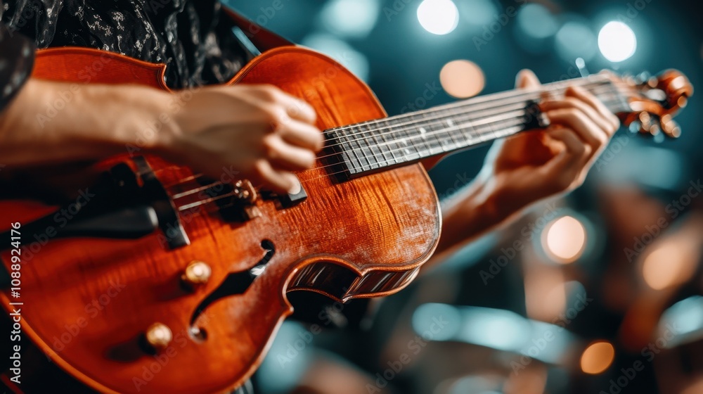 Obraz premium Guitarist prepares for the upcoming show by tuning strings amidst a lively stage atmosphere