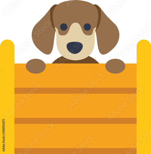Minimalist vector illustration of a cute dog looking over a fence, isolated on a white background