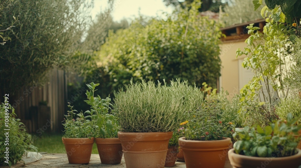 Fototapeta premium Serene Herb Garden in Earthen Pots