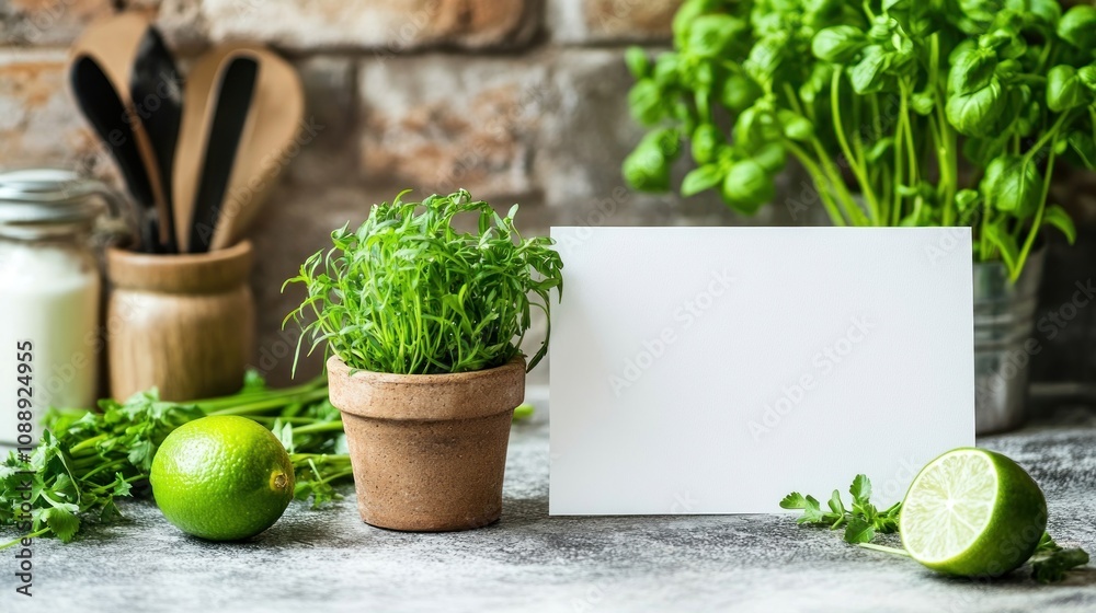 Fresh herbs and lime on a kitchen countertop with a blank card for notes or recipes.