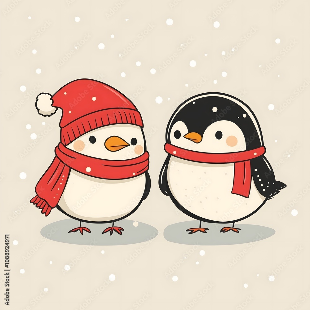 Fototapeta premium Cute Cartoon Penguins in Winter Attire with Snowy Background