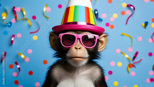 Monkey wearing colorful hat and pink sunglasses with confetti on blue background. Quirky and fun party celebration concept. photo