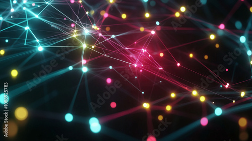 vibrant digital network with interconnected nodes and glowing lines, illustrating complex web of connections and data flow. colorful lights create dynamic and futuristic atmosphere