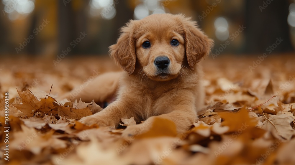 A golden retriever puppy lying among autumn leaves in a serene outdoor setting. A golden retriever puppy lying among autumn leaves in a serene outdoor setting.