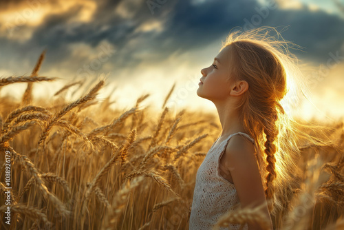 Young girl with braided hair stands in a golden wheat field, gazing at the dramatic, cloud-filled sky as the sun sets, casting a warm glow.