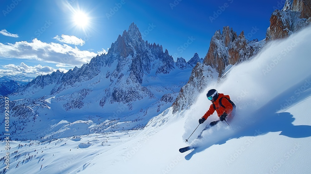 Skier carving powder snow down a steep mountain slope under a bright winter sun. Skier carving powder snow down a steep mountain slope under a bright winter sun.