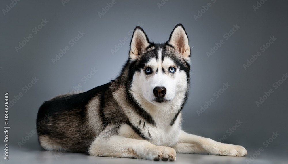 portrait of a siberian husky lying down in front of a grey background portrait of a siberian husky lying down in front of a grey background