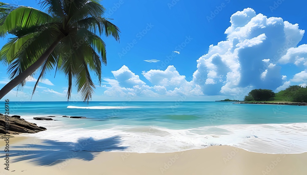 Obraz premium Southeast Asia Beach Scene. White Sand, Clean Foamy Waves, Blue Sea, Clear Sky and Brilliant White Clouds. Tropical Paradise with Coconut Trees. Perfect for Travel, Vacation and Coastal Photography