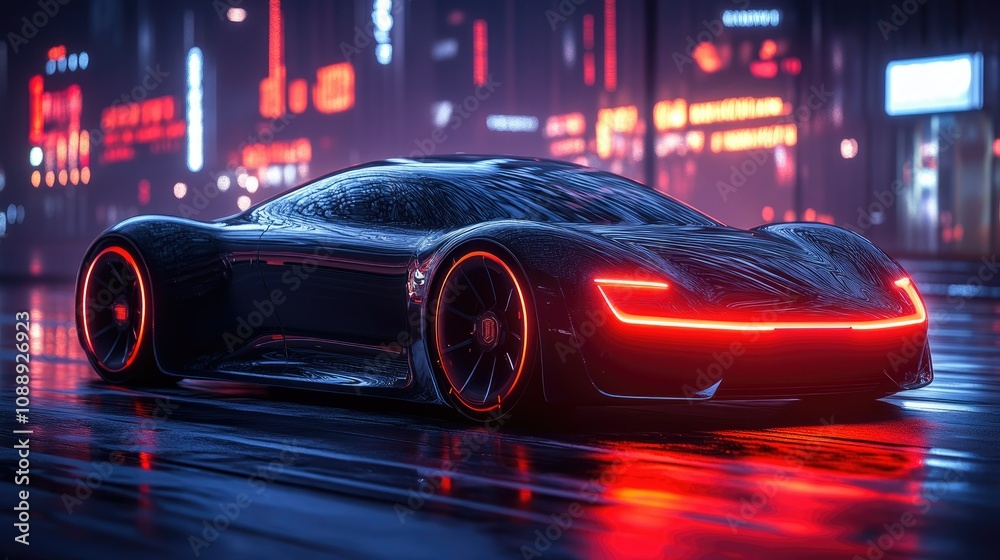 Sleek black sports car on a rain-slick city street at night, illuminated by neon lights.