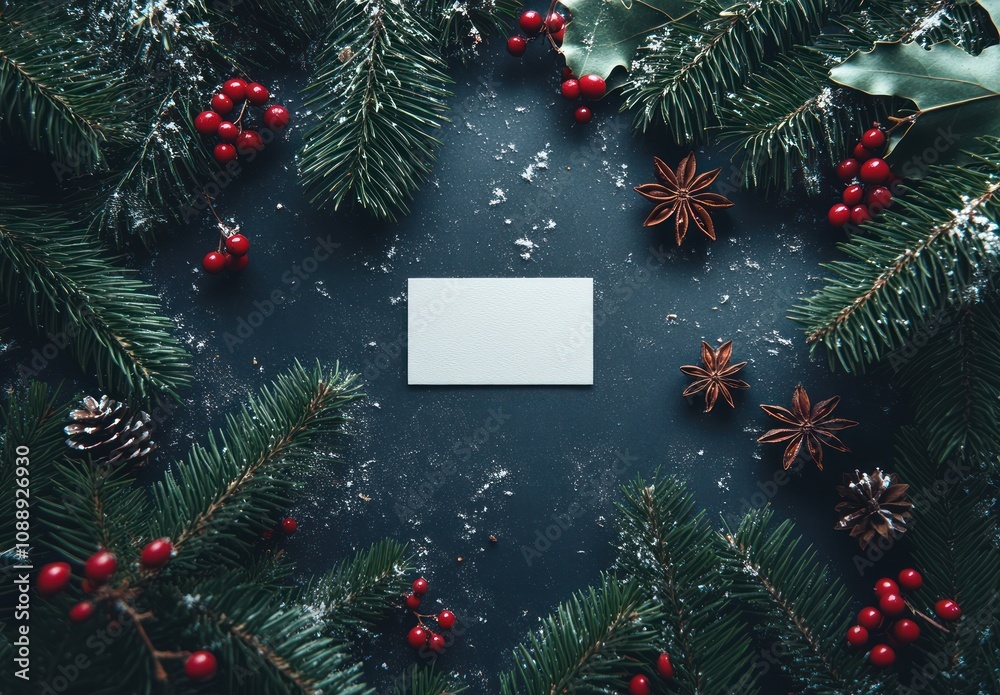 A blank card surrounded by festive greenery and red berries, ideal for holiday greetings. A blank card surrounded by festive greenery and red berries, ideal for holiday greetings.