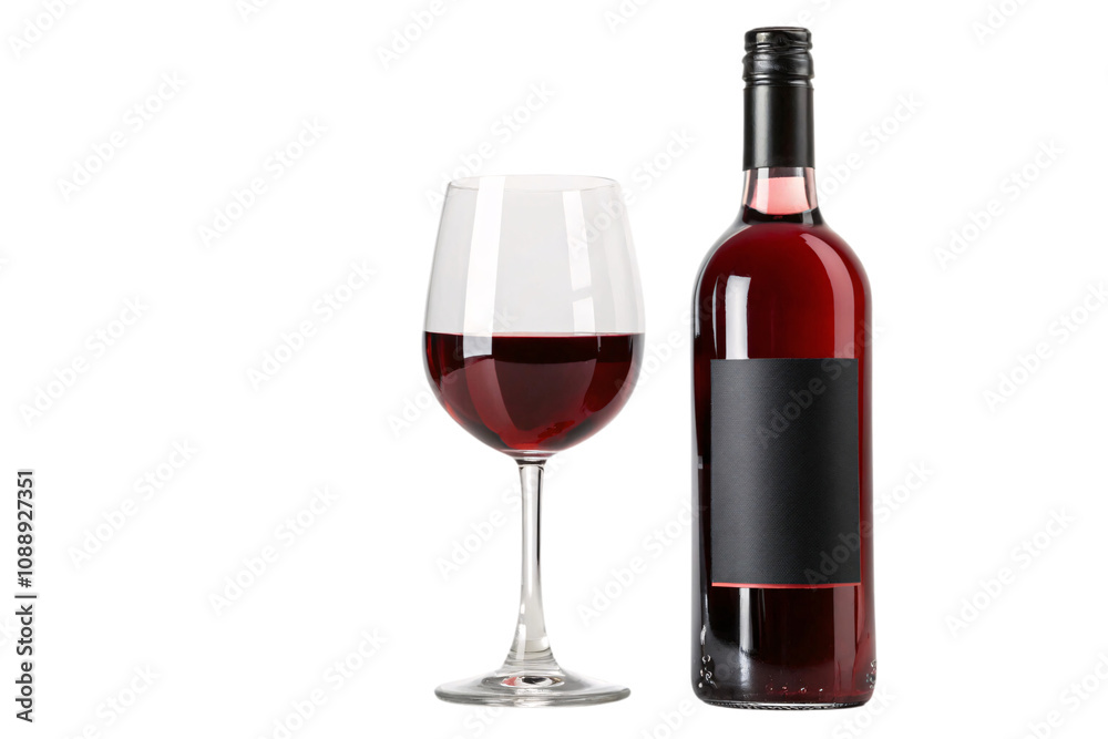 A classic wine bottle with a smooth black label and matching glass filled with dark red liquid, embodying luxury and simplicity, set against a transparent background A classic wine bottle with a smooth black label and matching glass filled with dark red liquid, embodying luxury and simplicity, set against a transparent background