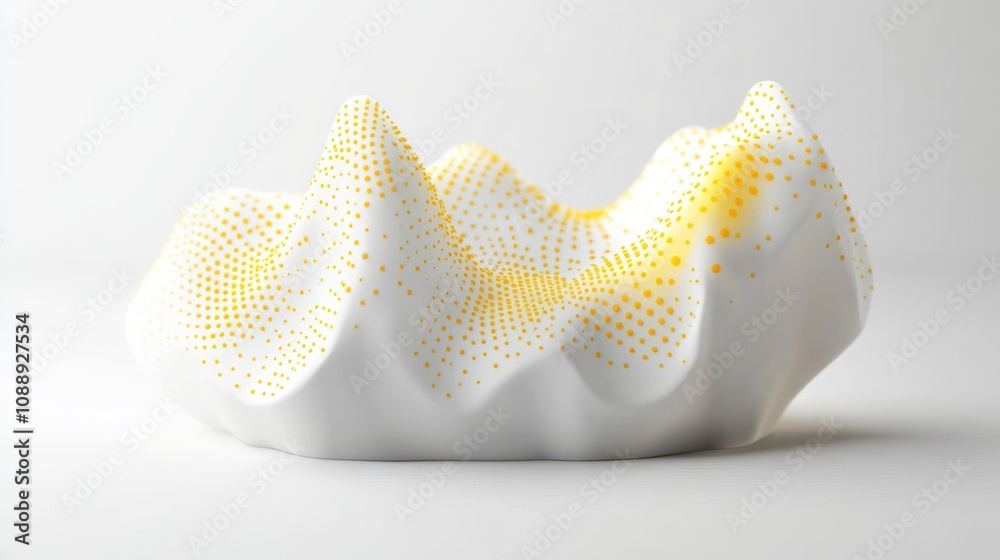 A textured, white ceramic piece with yellow dot patterns, resembling a sculptural form. A textured, white ceramic piece with yellow dot patterns, resembling a sculptural form.
