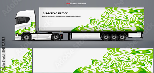 truck trailer livery design template. Truck Cargo delivering vehicle paintjob. Mock up and design on separate layers vector files.