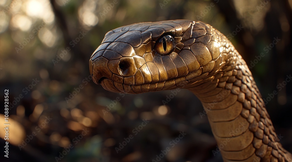 A close-up of a golden snake with intricate scales and a striking eye in a natural setting. A close-up of a golden snake with intricate scales and a striking eye in a natural setting.