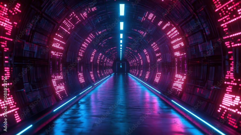 Futuristic neon-lit tunnel with vibrant pink and blue lights. Futuristic neon-lit tunnel with vibrant pink and blue lights.