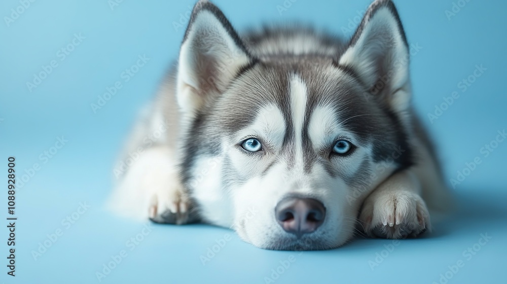 A close-up of a husky dog with striking blue eyes resting on a light blue background. A close-up of a husky dog with striking blue eyes resting on a light blue background.