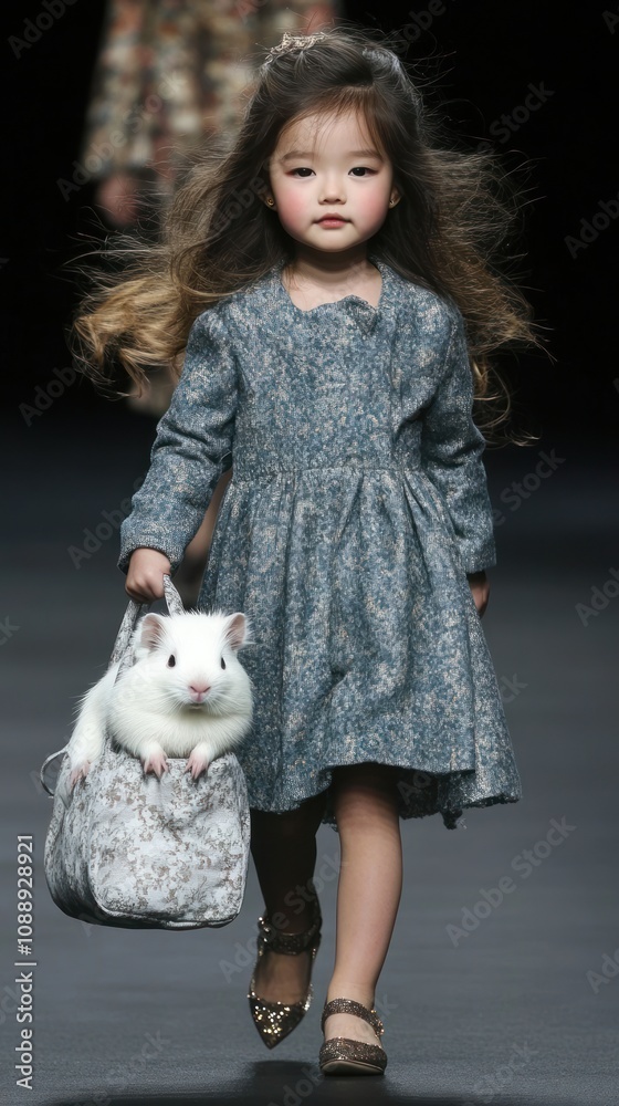 A young girl walks the runway carrying a bag with a white rabbit, showcasing fashion. A young girl walks the runway carrying a bag with a white rabbit, showcasing fashion.