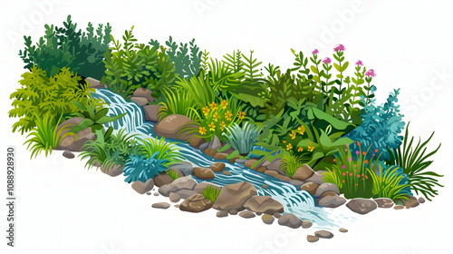 a rain garden bioswale featuring flowing water and lush greenery on a summer day with a white accent, flat design, png
