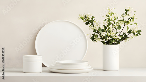 Elegant white dishware and floral arrangement minimalist home decor indoor setting aesthetic enhancement