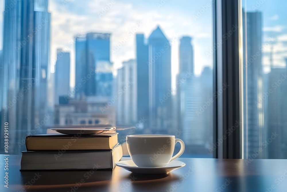 Morning coffee and books in modern office with city view. Morning coffee and books in modern office with city view.