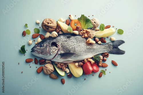 Fresh fish surrounded by a variety of nuts, vegetables, and herbs on a minimalist surface. Represents healthy eating and brain-boosting nutrition.