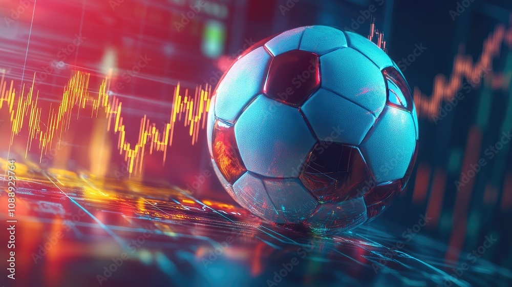 Fototapeta premium A 3D illustration of a soccer ball intertwined with stock market charts, symbolizing the financial side of football, with rising trends and digital elements.